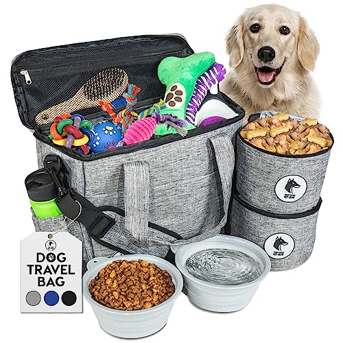  Top Dog Pet Gear Grey Dog Travel Bag For Supplies - Includes Travel Bag, Travel Dog Bowls, Food Storage - Airline Approved Dog Bags For Traveling - Dog Travel Accessories For Camping, Beach