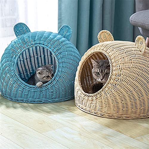  PAREKS Pet House Rattan Cat Nest Summer Semi-Closed Indoor Sleeping Bed Mat Breathable Durable Puppy Basket For Small Medium Cats/Dogs (Color : Beige)