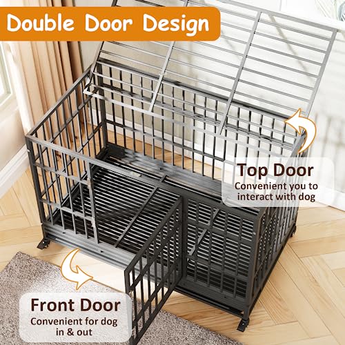  Tuanlove 48" Dog Crate Heavy Duty Indestructible Dog Crate, High Anxiety Dog Crate With Lockable Wheels Double Doors & Locks Design, Removable Tray Design, Upgraded (Silver)