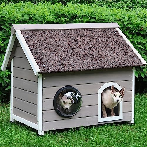  HiCaptain Weatherproof Outdoor Cat House, Wooden Feral Cat House For Outside, Unique Small Pet Shelter With Escape Door, Clear Window And Removable Attic-Grey
