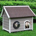  HiCaptain Weatherproof Outdoor Cat House, Wooden Feral Cat House For Outside, Unique Small Pet Shelter With Escape Door, Clear Window And Removable Attic-Grey