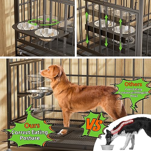  ROOMTEC 49 Inch Heavy Duty Dog Crate Cage Kennel With Wheels / 360° & Adjustable 2 Alloy Bowls/Unique Air Lift Rod/Sturdy Locks Design, Double Door And Removable Tray, Extra Large XL XXL Dog