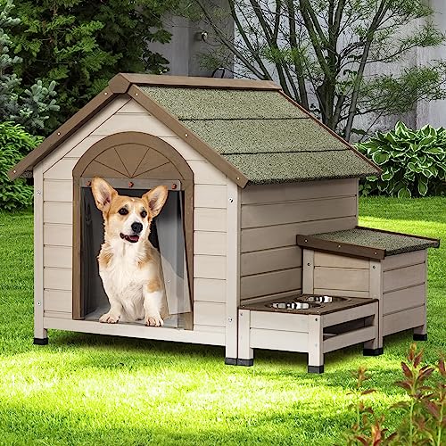  Prohon Dog Houses For Medium Dogs Outside, Weatherproof Doghouse With Storage Box, Elevated Feeding Station & 2 Bowls, Wooden Puppy Shelter