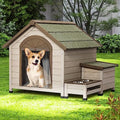  Prohon Dog Houses For Medium Dogs Outside, Weatherproof Doghouse With Storage Box, Elevated Feeding Station & 2 Bowls, Wooden Puppy Shelter