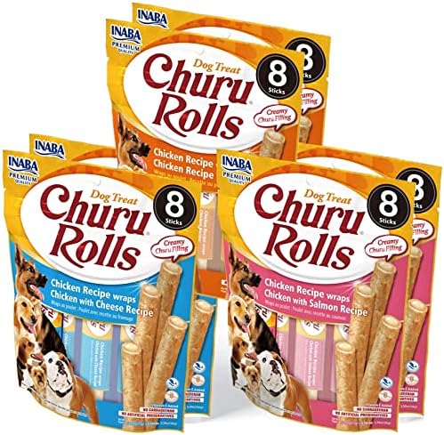  INABA Churu Rolls For Dogs, Grain-Free, Soft/Chewy Baked Chicken Wrapped Churu Filled Dog Treats, 0.42 Ounces Each Stick| 24 Stick Treats Total (8 Sticks Per Pack), 3 Flavor Variety Pack (24 Sticks)
