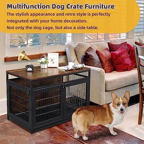  Waiirek 37.4in Heavy Duty Wooden Large Furniture Dog Crate Indoor End Side Table With 3 Doors, Decorative Furniture Stylish Dog Kennel Cage Inside 37.4" L X 22" W X 25.6" H