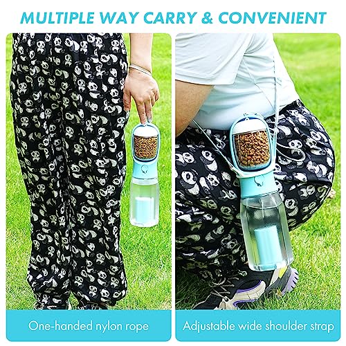  KAHEGIND 3-in-1 Portable Dog Water Bottle With Food Container,Replaceable Waste Bags Leak Proof Dog Travel Water Bottle,Carbon Filter For Drinking, Feeding, Travel, Walking And Hiking (Blue 20 Oz)