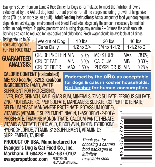  Evanger's Super Premium Lamb & Rice Dinner For Dogs